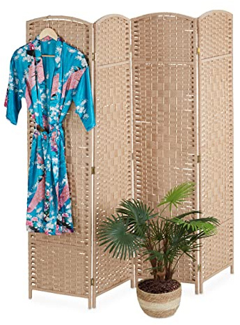 Relaxdays Paravent, 4-teilig, Raumtrenner faltbar, HxB 170x160 cm, Sichtschutz innen, Holz, Papierseil, Trennwand, Natur