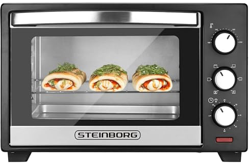 Steinborg® 25 Liter Mini Backofen mit Umluft Pizza Ofen inkl. Backblech und Grillrost Miniofen 60 Min. Timer – 1.600 Watt