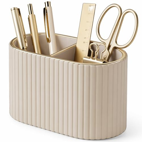 KINGFOM Stifte Organizer, Ovaler Stiftehalter Schreibtisch, 2 Taschen Stiftebox Stifteköcher, PU Leder Schreibtisch Organizer Stifte für Büro/Zuhause (Beige)