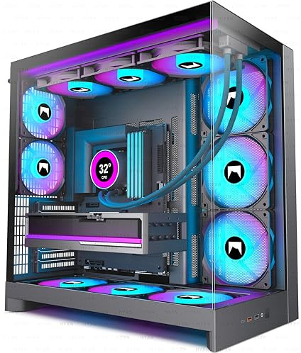H2(2026) HYXN PC Gehäuse ATX mit 8 Lüfter(6X140 und 2X120) Groß Dual Kammer Mid-Tower Computer Gehäuse Airflow Gaming PC-Gehäuse,Unterstützt 420mm-Wasserkühler,Gaming Gehäuse (Schwarz, H2)