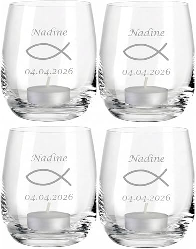 Personalisiertes Teelicht mit Fisch-Gravur I 4er-Set zur Konfirmation - Firmung - Kommunion - Jugendweihe I Windlicht mit Namen & Datum