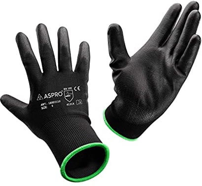 ASPRO Arbeitshandschuhe - Gartenhandschuhe - Schwarze Nylon-Handschuhe mit PU-Beschichtung für Bauarbeiter, Gärtner, Mechaniker, Bauarbeiter, Lagerarbeiter etc. (10 (XL) x 10)