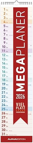 Alpha Edition - Megaplaner 2026 – Streifenkalender 14,5×64 cm mit viel Platz für Notizen & Ferienterminen, übersichtlicher Wandplaner & Küchenkalender für Haushalt, Büro & Organisation
