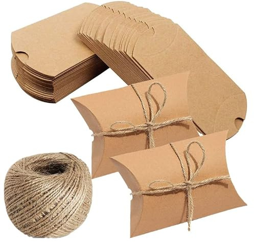 100 STK. Kraftpapier Karton Hochzeit Gastgeschenke Geschenkboxen mit Juteschnur, Kleine Geschenkkartons, Kissen-Kästen, für Weihnachten, Hochzeit