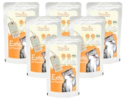 Pfotenliebe Bio-Nassfutter für Katzen, Bio-Ente mit Banane, 6X 100g (Pouch), getreidefrei, hochverträglich, für jedes Alter geeignet