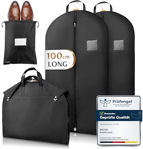 Bruce.® 2x Kleidersack Kurz 100x60cm inkl. 1x Schuhbeutel – Atmungsaktive Kleiderhülle für Anzug, Jacke & Hemd – 120 GSM Materialstärke – Anzugtasche für Reisen & Aufbewahrung - Schwarz