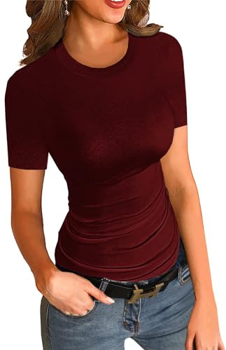 Imily Bela Damen T-Shirt Rundhals Kurzarm Sexy Shirt Sommer Basic Oberteil Slim Fit Tee Tops(Weinrot, M)