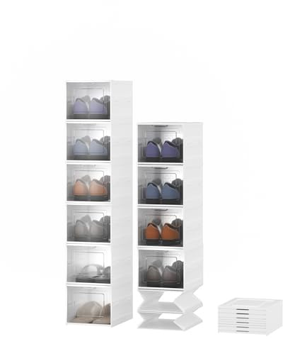 Furnestorica Faltbare Schuhboxen 6er Set, Stapelbar & Platzsparend, Transparente Klapptür, Stabiler Kunststoff Schuhregal, Ohne Montage, Für Sneaker bis Größe 46, Weiß