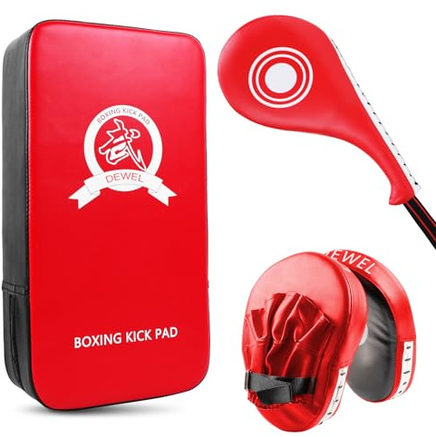 DEWEL PU Leder Schlagpolster Set mit 1 Paar Pratzen,1×Schlagkissen,1×Kick Pads,Pratzen Boxen für Kickboxen,Karate,MMA Training Boxen Pads