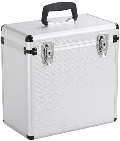 Yaheetech Plattenkoffer Schallplattenkoffer LP-Koffer, Tragbarer Abschließbarer Vinyl Koffer zur Aufbewahrung von 50 LP für DJ und Schallplatten, Silber