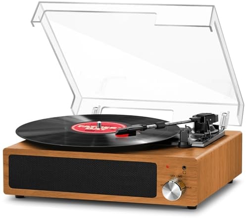 Plattenspieler, FYDEE Vinyl-Plattenspieler mit Eingebauten Stereo-Lautsprechern, 3 Geschwindigkeiten 33/45/78 RPM, Bluetooth-Schallplattenspieler, mit RCA-Ausgang und AUX-Eingang, Naturholz