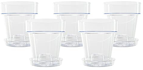 Kalapanta 5 transparente Plastiktöpfe für Orchideen mit Entwässerungslöchern und 5 Untersetzers (5, Ø 14 cm)