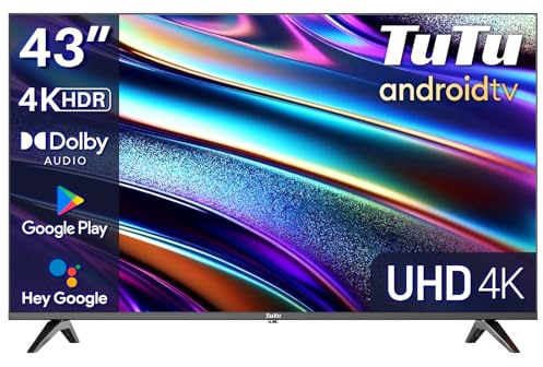 TuTu TUS43UQ1A Fernseher 43 Zoll (108cm), 4K UHD Smart TV | Android TV mit WLAN, Bluetooth, APP Store, Chromecast, USB, HDMI, Triple Tuner DVB-C/S/S2/T/T2