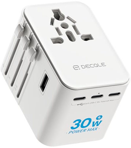 decqle Reiseadapter Weltweit, Universal Reisestecker mit 3 USB-C (30W), 2 USB-A und 1 AC Steckdose, Internationaler Steckdosenadapter, AC Adapter Universaladapter für EU, UK, US, AU (Weiß)