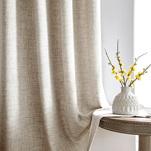 Melodieux Gardinen mit Kräuselband Beige - Leinen Optik Halbfrei Vorhänge für Schienen 2er Set, 245x140cm, Verdunklungsvorhänge Kräuselband für Schiene, Schlafzimmer, Wohnzimmer, Esszimmer, Heimbüro