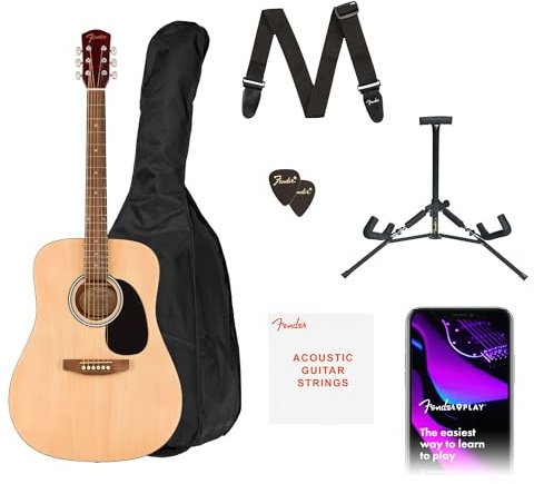 Fender Alternative Series Dreadnought Akustikgitarren-Set, Anfängergitarren-Set, mit 2-jähriger Garantie, Inklusive Gepolsterte Gigbag, Gitarrenständer, Gitarrengurt und mehr, Natur