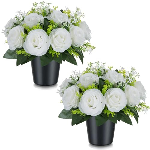 BLOSMON Künstliche Blumen im Topf für Grabschmuck, 2 Stücke, Weiß Rosen | Kunstblumen Künstlich Grabgestecke mit Vase, Trauergesteck Blumenstrauß mit Grabvase Grab Friedhof Deko, Grabstein Grabdeko