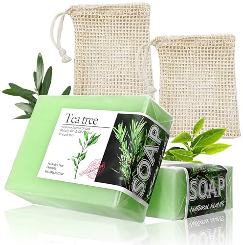 Teebaumölseife, 2X100g Teebaumöl Seife mit einem Schaumnetz, Naturseife, Gesichts und Körperseife mit Teebaumöl, Geeignet für Gesicht und Körper, Entfernt Talg