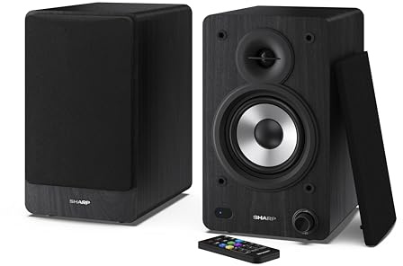 SHARP CP-SS30(BK) 60W RMS (2 x 30W) 2-Wege aktive Regallautsprecher – Kabellose Studiomonitore mit Bluetooth v5.0 Audiostreaming, USB-Wiedergabe, optischem Eingang, AUX- und RCA-Eingang – Schwarz