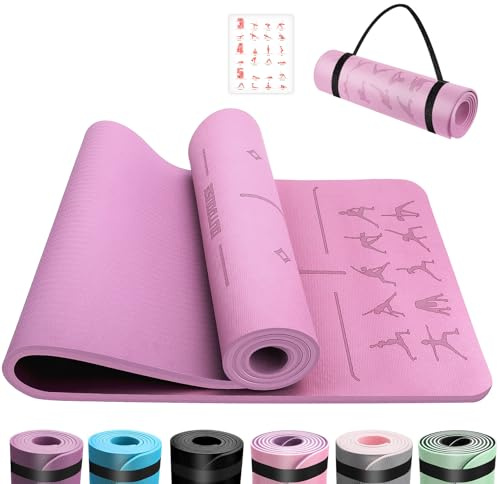 Yoga Matte 6 mm TPE rutschfest mit Ausrichtungslinien 183 x 61x0.6 cm | Mit Yoga-Posen, Ausrichtungslinien, Trageriemen,für Yoga, Pilates, Home,Stretching und Workout Sportmatte