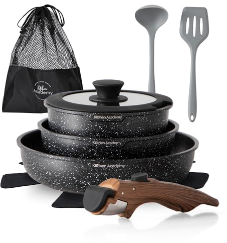 Kitchen Academy Topfset 10tlg, Topf Pfannenset mit Glasdeckeln, Marmorbeschichtung Antihaft-Versiegelung Kochgeschirr-Set, induktionsgeeignet, Maseriger glater Griff, Schwarz