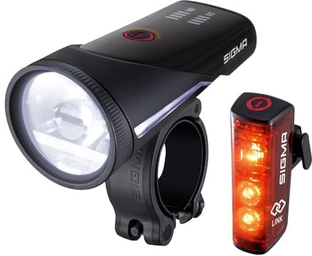 SIGMA Fahrradlicht Set Aura 100/Blaze Link (Schraubhalterung) | Innovative Kopplungsfunktion & Automatische Lichtanpassung| LED Fahrrad Licht Vorne mit 100 Lux | Rücklicht mit Bremslichtfunktion