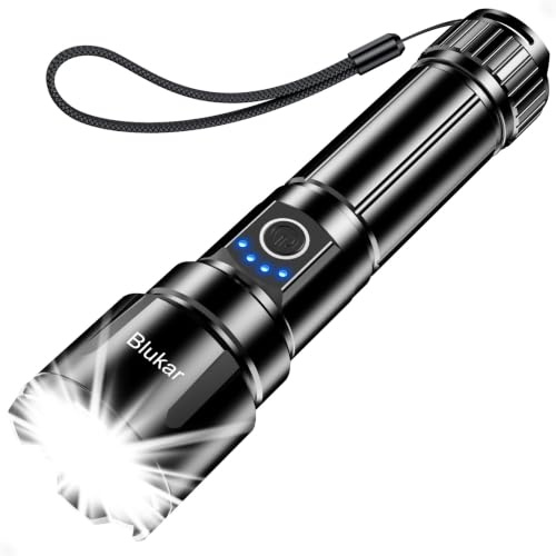 Blukar Taschenlampe LED Aufladbar, Extrem Hell Zoombar Taschenlampen | Hohe Helligkeit, 5 Lichtmodi,Starke, IP67 Wasserdichte Flashlight Torch für Camping, Wandern, Outdoor, Angeln, Notfäll