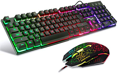 BAKTH Gaming Tastatur und Maus Set, LED Hintergrundbeleuchtung QWERTZ DE Layout, Regenbogen Farben Beleuchtete USB Wasserdicht mit 2400 DPI für Pro PC Gamer