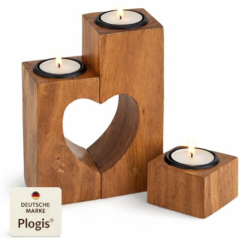 Muttertagsgeschenk für Mama – Teelichthalter Herz aus Akazienholz (3-teilig, 15 cm) – handgefertigter Kerzenhalter Holz, Geschenk Muttertag Deko Frauen