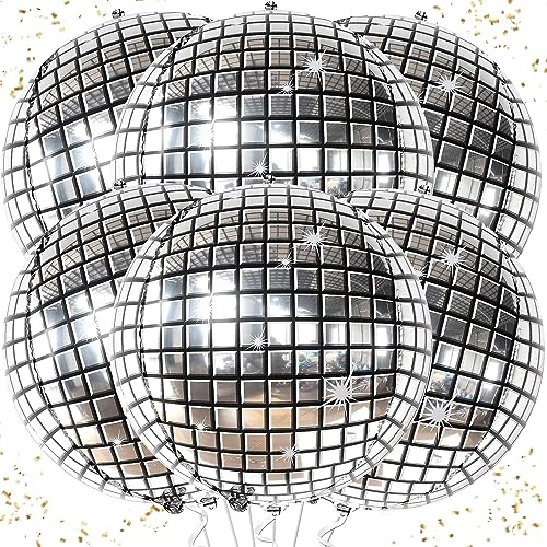 6 Stück Discokugel Luftballon, Discokugel Silvester Deko Folienballon, 22 Zoll 4D Diskokugel Luftballons Silber, Disco Ballons für Neujahr Deko, Geburtstag, Karneval, 70 80 90er Jahre Disco Deko Party