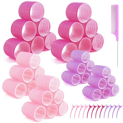 Gemtte 49 Stück Lockenwickler Set, Groß Haarwickler Selbsthaftend Hair Rollers mit 12 Stke Klammer, DIY Locken Ohne Hitze Haftwickler für Lange Medoum und Kurze Haare 48/36/25mm (3 Farben)
