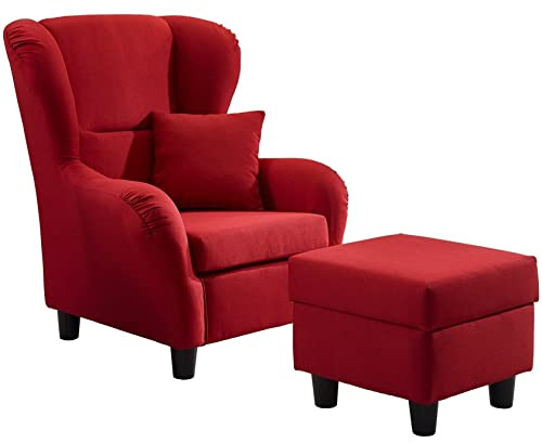 luma-Home 18002/ Ohrensessel mit Hocker im Landhaus-Stil, Rot | B90/H98/T76 cm, hoher Sitzkomfort durch Wellenunterfederung, Lesesessel mit Echtholzfüßen & Zierkissen, Bezug Strukturstoff