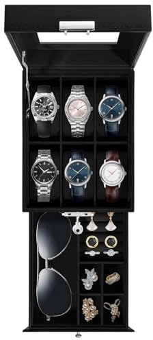 Uten Uhrenbox, 6 Fächern und 1 Schublade mit Schlüsselschloss, Glasdeckel | 6 Uhren, Schwarzes PU, Schwarzes Samtfutter, Herausnehmbare Kissen, Modern Schmuckaufbewahrungsbox, Geschenkidee
