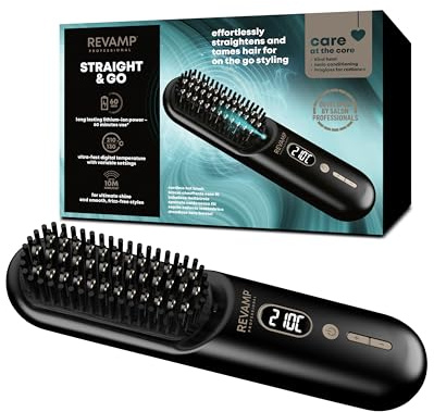 REVAMP Straight & Go Glättbürste kabellos – Mini Haarglätter Bürste mit Ionen & Keramik, USB-C Akku, 60 Min Laufzeit – Reise Glätteisen kabellos für Männer & Frauen, auch als Bartglätter geeignet