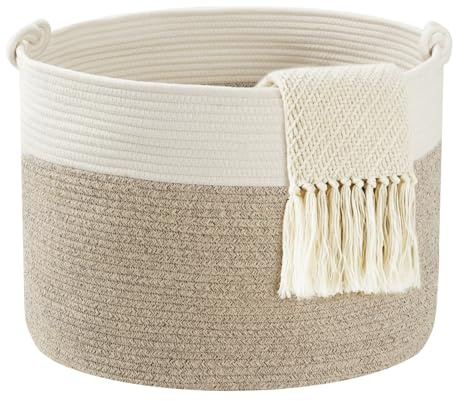 COSYLAND Aufbewahrungskorb Groß für Wohnzimmer, geflochtener Wäschekorb aus Baumwollseil, Wollkorb/Spielzeugkorb, Deckenkorb Wohnzimmer/Korb für Decken, 56×36 cm, Weiß Khaki