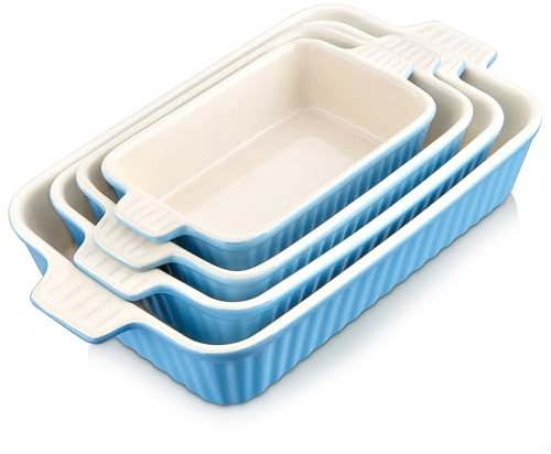 MALACASA Auflaufform, 4-teilig Set Groß & Klein Stapelbar Backformen (37, 30, 28, 24 cm) | Rechteckig Ofenfest Baking Dish aus Keramik für Lasagne, Braten, Tiramisu & Aufläufe, Blau, Serie Bake