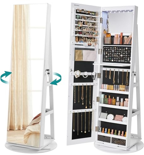 SONGMICS Schmuckschrank, Spiegelschrank, mit rahmenlosem Ganzkörperspiegel, 3 Ablagen, 360° drehbar, abschließbar, Oberfläche in Weiß, Innenfutter in Schwarz JJC007W01