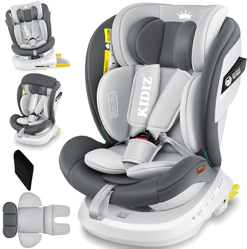 KIDIZ® Autokindersitz mit Isofix i-Size R129 100-150cm bis 12 Jahre, Kinderautositz Gruppe 0/1/2/3, mitwachsender Kindersitz, 5-Punkt-Gurt, höhenverstellbare Kopfstütze, Sitzerhöhung Auto, Anthrazit