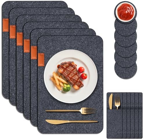 Platzsets Filz Abwaschbar, Hitzebeständige Tischsets und Untersetzer, 6 Waschbare Tischmattes, 6-rutschfeste Filzuntersetzer und 6-Besteckhüllen, Schützen Sie Ihren Küchen (Platzset Filz-Rechteckig)