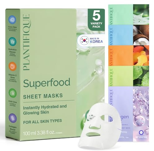PLANTIFIQUE Koreanische Gesichtsmaske mit Superfoods & Hyaluronsäure 5 Pack | Aloe Vera, Pfirsich, Kokosnuss, Centella, Kollagen & Coenzym Q10 - Hydrierend & Straffend Tuchmasken - Face Mask
