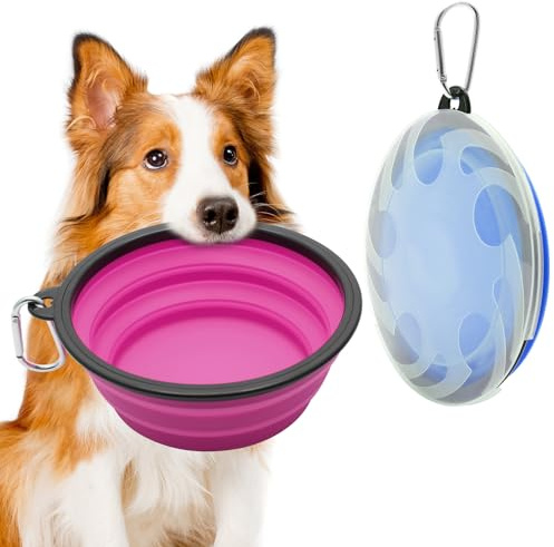 2 Stück Großer Hundenapf Faltbar, 1000 ml / 35 oz Faltbare Hundereisenäpfe, tragbarer Hundewasserfutternapf mit Verschluss, Haustier-Katzen-Futterbecher für Reisen, Wandern (Blau + Lila)