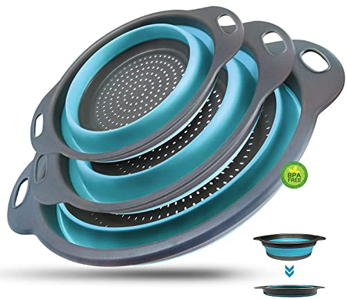 WALFOS® Faltbarer Seiher Sieb, Küche Silikon Klappbar Abtropfsieb Nudelsieb Set, Küchensieb Abwaschschüssel von Nudeln, Obst, Gemüse,Blau 3 Größe (24.6+29.2+34cm)