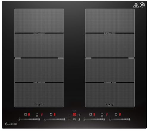 AMZCHEF Induktionskochfeld 60cm mit 2 Flexzonen, 4 Zonen Induktionskochplatte mit leisem Betrieb, 9 Leistungsstufen und Booster - BBQ Funktion, Pausenfunktion und Warmhalten, 7400W