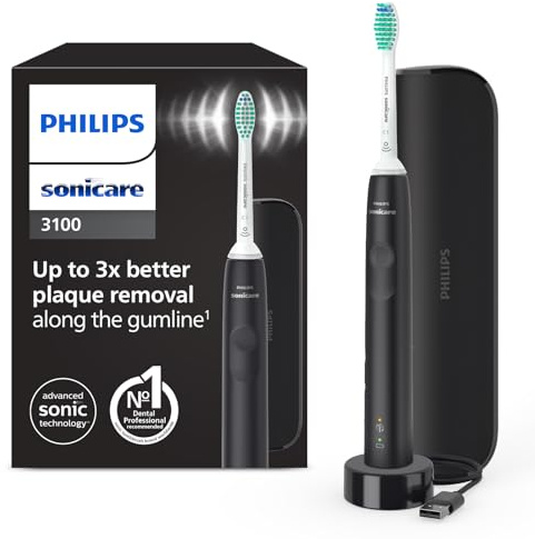 Philips Sonicare 3100 elektrische Zahnbürste, Schallzahnbürste, Andruckkontrolle und Timer, Reiseetui, Schwarz, HX3673/14