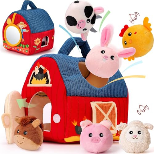 hahaland Baby Spielzeug 6-12 Monate - Bauernhof Originales Montessori Sensorikspielzeug mit Scheune · 6 Tierrasseln & Spiegel · Kinder Motorikspielzeug 1-3 Jahre · Weihnachts- und Ostergeschenk