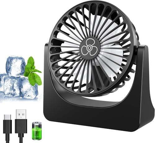 PALATALA Tischventilator, Mini Ventilator, USB Ventilator mit 3 Geschwindigkeiten und 360° Drehung, Wiederaufladbar, Tragbarer Kleiner Ventilator für Schlafzimmer Zuhause Büro Ventilator Leise