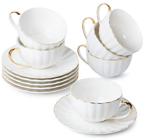 BTaT- Teetassen und Untertassen, 6er Set (200 ml) mit Goldrand und Geschenkbox, Cappuccinotassen, Kaffeetassen, weiße Teetassen Set, britische Kaffeetassen, Espressotasse, weiße Tasse