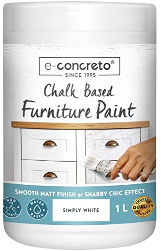 e-concreto Möbelkreidefarbe Weiß 1L mit Rührer | Holzfarbe für Shabby Chic Look | Möbelfarbe einfach zu verarbeiten | Möbellack auf Wasserbasis | Kreidefarbe Weiß | schnelltrocknend
