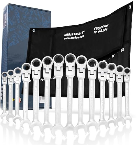 HASKYY Gelenk-Ratschenringschlüssel Set 14 tlg 8–22 mm – Ring Maulschlüssel Set, Ratschenmaulschlüssel & Gabelschlüssel Ratsche aus Chrom-Vanadium-Stahl