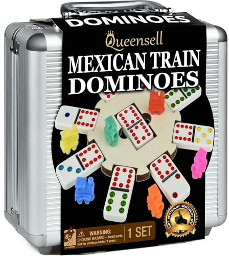 Queensell Mexican Train Domino-Set mit Holzmittelstück, Domino-Brettspiele – Doppel-12 Domino-Set für Familienspieleabende für Erwachsene und Kinder ab 8 Jahren